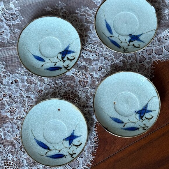 Vintage Japanese Porcelain Dessert Dishes – Set of 4 | Blue Leaf Hand-Painted - Picture 6 of 8